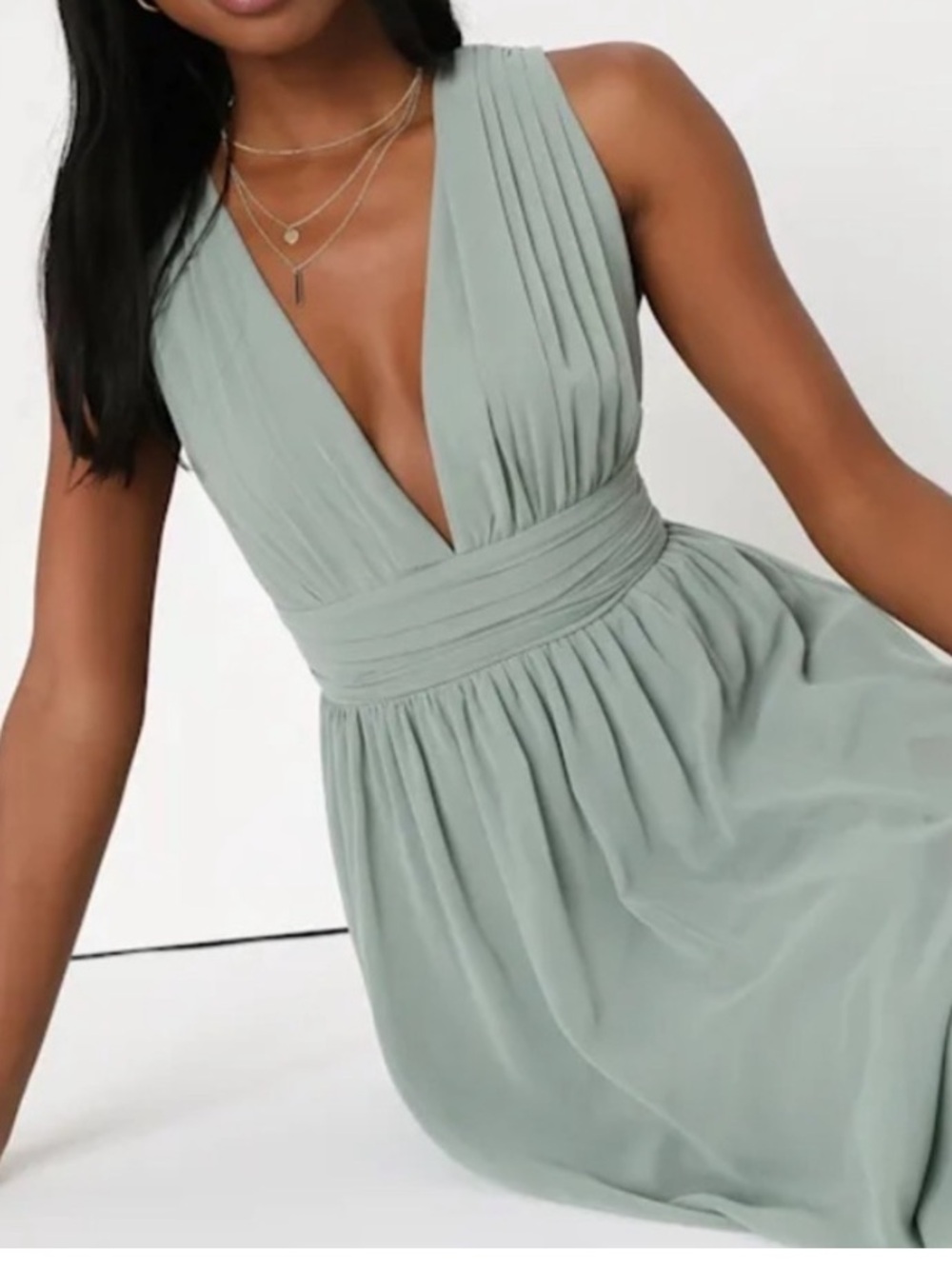 NWT Lulus Heavenly Hues Sage Brush Maxi Dress V Neck Plunge Neckline Size Small - Picture 2 of 5